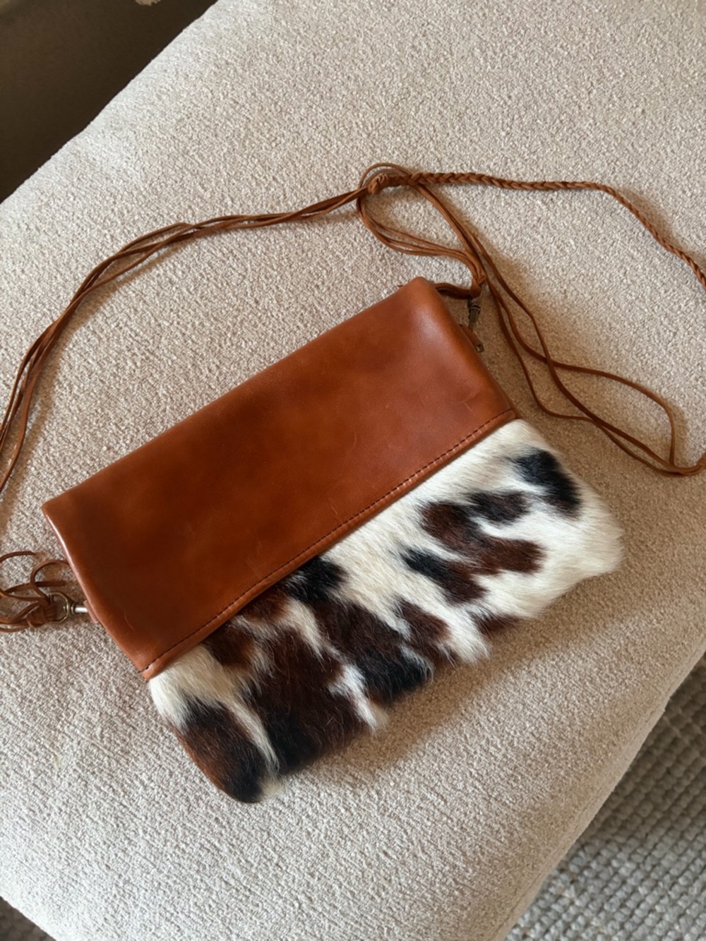 Leather & Haircalf Crossbody Bag in Brown and White